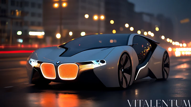 Futuristic BMW concept car on wet urban night roadway.