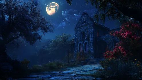 Moonlit stone manor rises over luminous midnight garden.