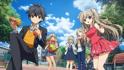 Anime friends eating snacks together in sunny city park.