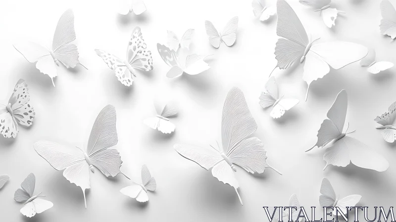White paper butterflies arranged on clean bright wall.