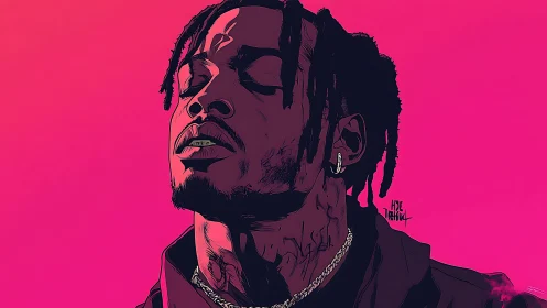 Digital portrait of male figure on uniform magenta field.