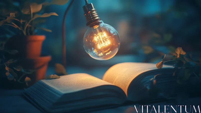 Incandescent filament bulb illuminating an open book at dusk.