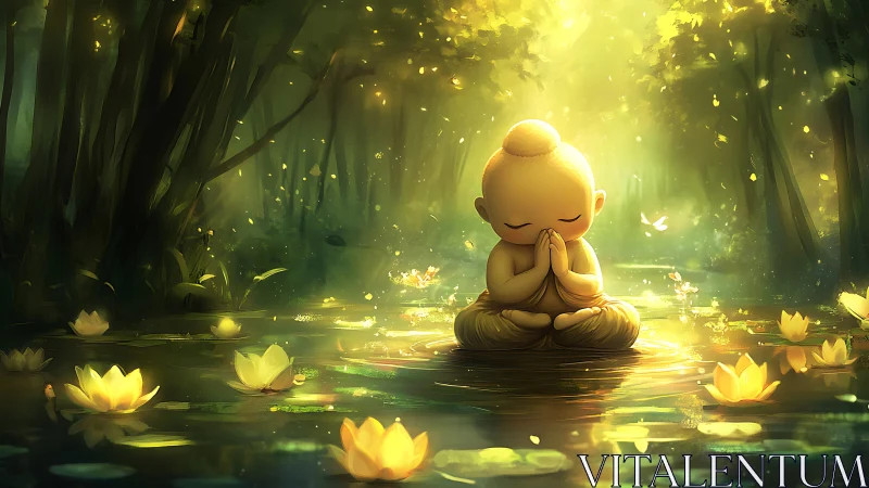 Meditating child monk glows softly amid golden forest pond
