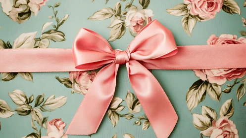 Pink satin bow on mint floral background in closeup view.