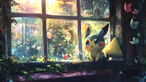 Small yellow creature by bright window with butterflies.