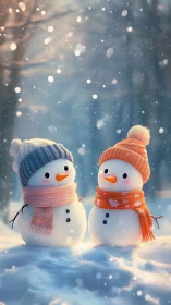 Two small snow figures stand in soft winter illumination