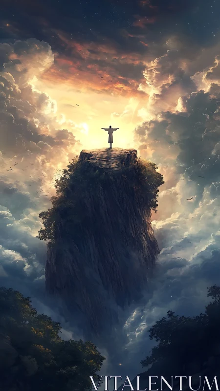 Solitary figure crowns a cloud-piercing summit at radiant dawn