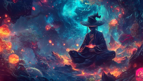 Fantasy monk in luminescent forest vortex, digital painting.
