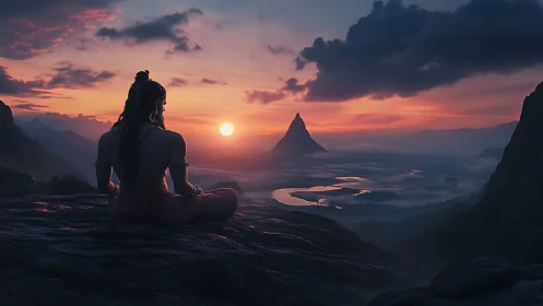 Meditative sage overlooking misty river valley at sunrise.