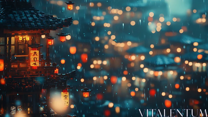 Rain soaked lantern street glows over misty neon town.