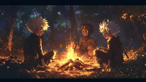 Three emberlit friends trade secrets with the forest night