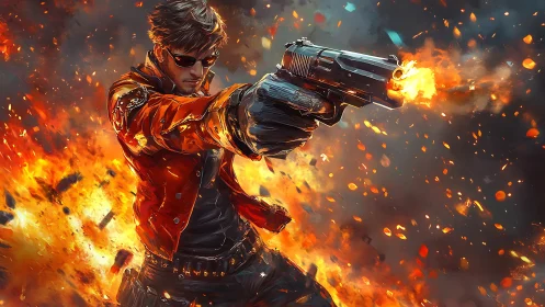 Gunman strides through blazing explosion in heroic slow motion