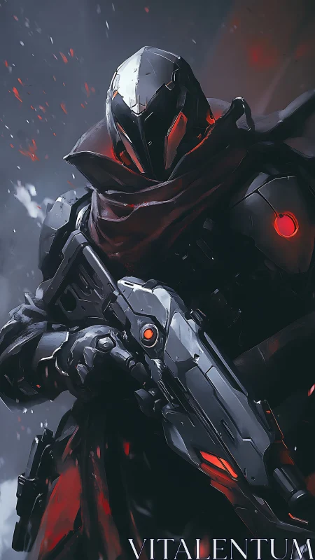 Armored sci fi soldier aims rifle with glowing red accents