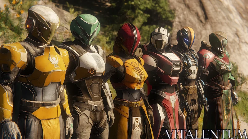 Line of armored sci‑fi characters in colored exosuits outdoors.