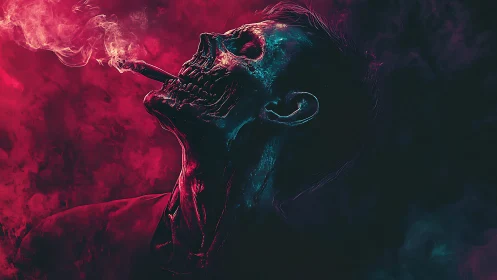 Neon-lit skeletal smoker profile rendered in high contrast duotone