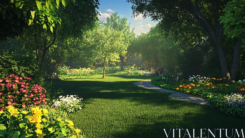 Sunny garden path winding through lush blooming flowers.