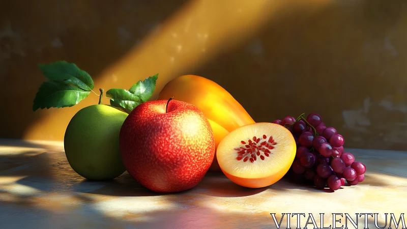 Still life shows assorted fruit arranged on sunlit table
