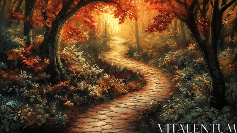 Illuminated forest pathway with autumn foliage rendered in digital medium.