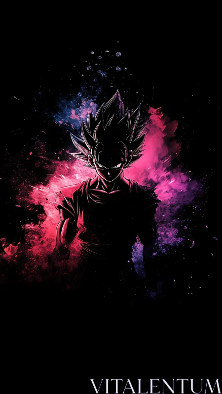 Energetic anime warrior emerges from cosmic neon shadows.