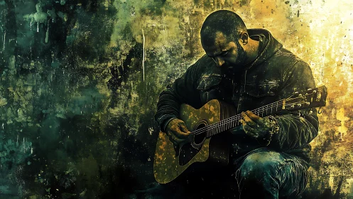 Moody guitarist playing acoustic guitar against grunge wall.