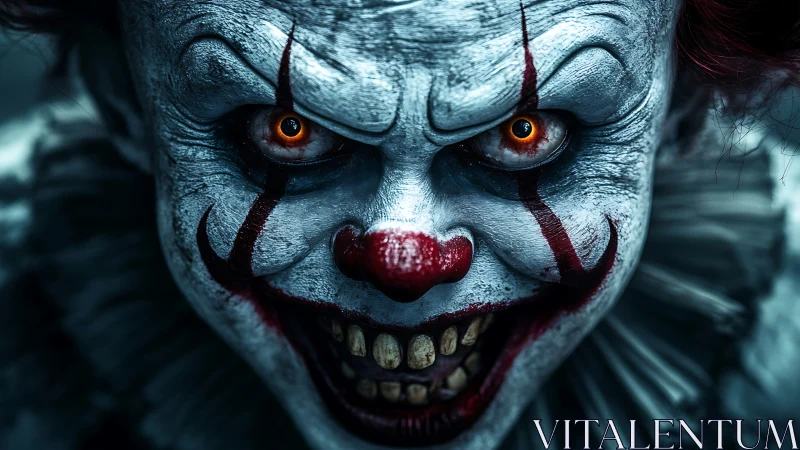 Terrifying evil clown portrait shows intense glowing stare