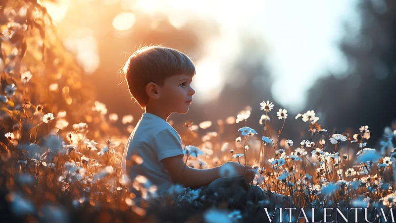 Golden hour gently frames a child resting among wildflowers