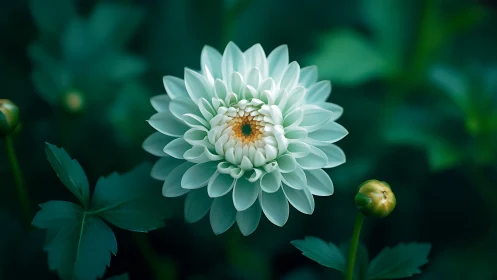 White Dahlia with Golden Center in Green Garden Setting.