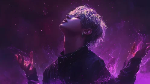 Digital portrait of figure in purple glowing energy field.