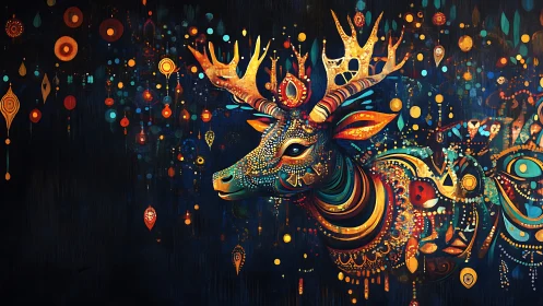 Luminescent polychrome stag with ornamental celestial motifs