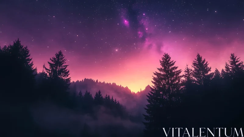 Nebula-lit conifer forest under vivid twilight sky.