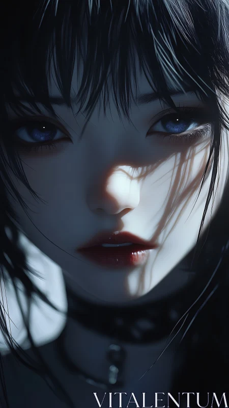 Moody close portrait of blue-eyed gothic girl in rim lighting