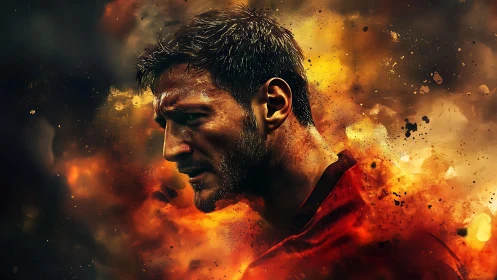 Male athlete profile emerges from fiery abstract background