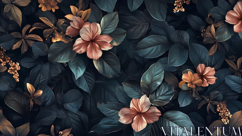 Floral pattern with teal leaves and soft coral blossoms.