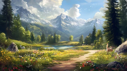 Sunlit mountain meadow with a quiet lake and gentle deer.