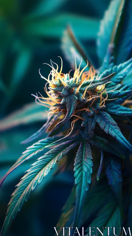 Luminous cannabis flower glows softly among teal green leaves