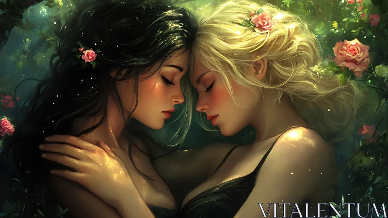 Two Women with Dark and Blonde Hair Embracing in Floral Garden