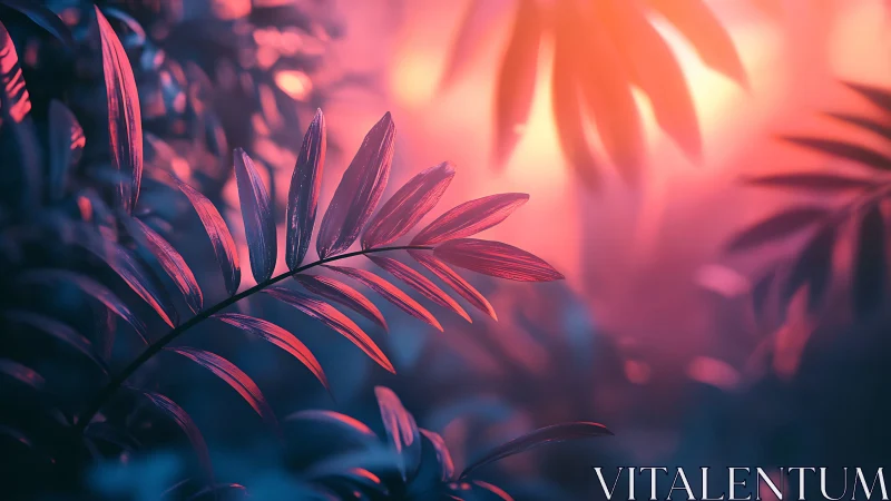 Neon jungle leaves glow against soft pink backlight