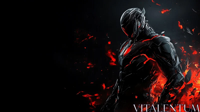 Armored futuristic warrior in red fire fragments.