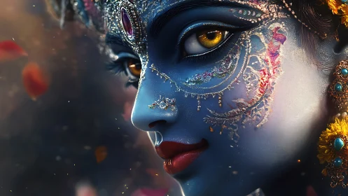 Divine blue portrait with jeweled filigree facial ornamentation.