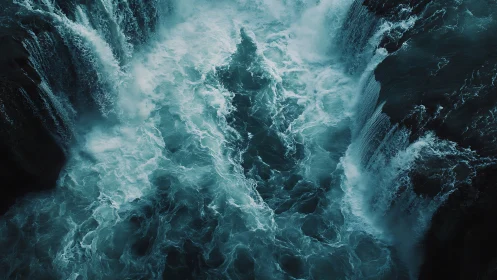 Roaring turquoise waterfall currents in a dramatic rocky gorge.