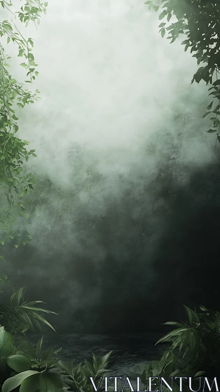 Misty jungle foliage framing atmospheric green void.