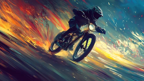 Motorcyclist leans into turn across abstract sunset track