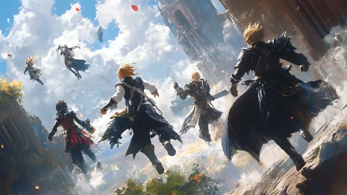 Skyward charge of armored heroes amid crumbling citadel.