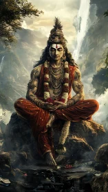 Mountain-quiet mystic yogi crowned in cascading waterfalls.