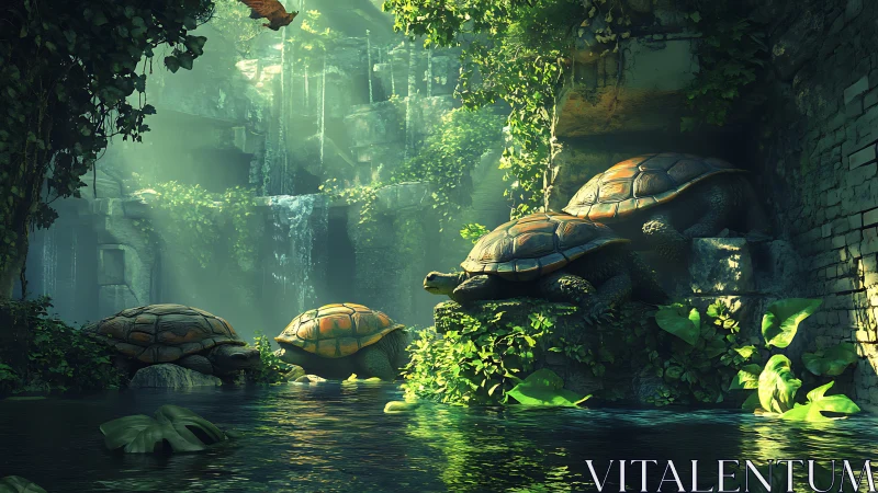 Giant turtles crossing emerald jungle ruins waterfall.