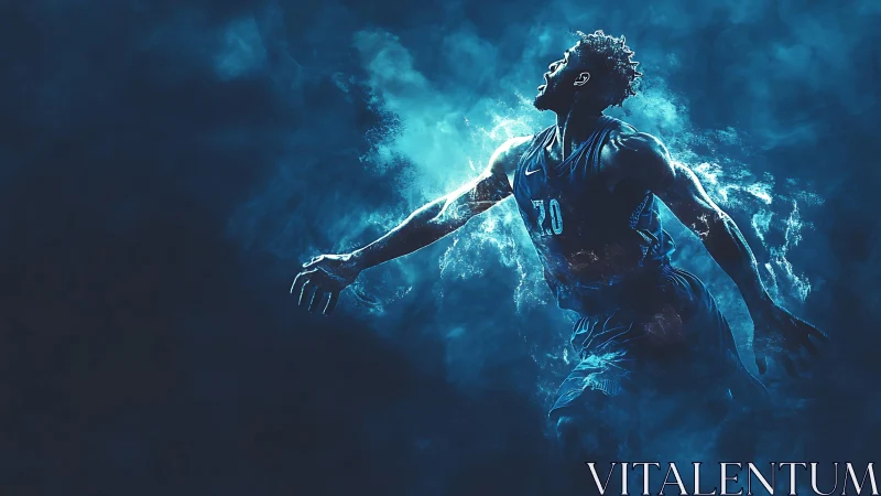 Dynamic basketball player bursts through electric blue haze