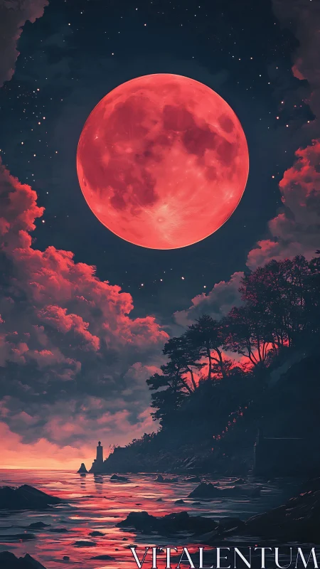 Crimson supermoon illuminates coastal cliffside and reflective sea