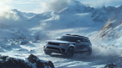 SUV powers across icy mountain pass in dense winter storm.