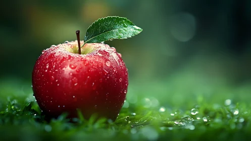 Red apple with dewdrops on grass in soft morning light.