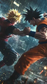 Stormlit clash of determined anime heroes in the rain.